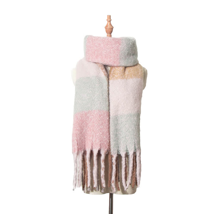 Unisex Oversized Color Block Tassels Roving Scarf - LightCyan & Pink - image 11