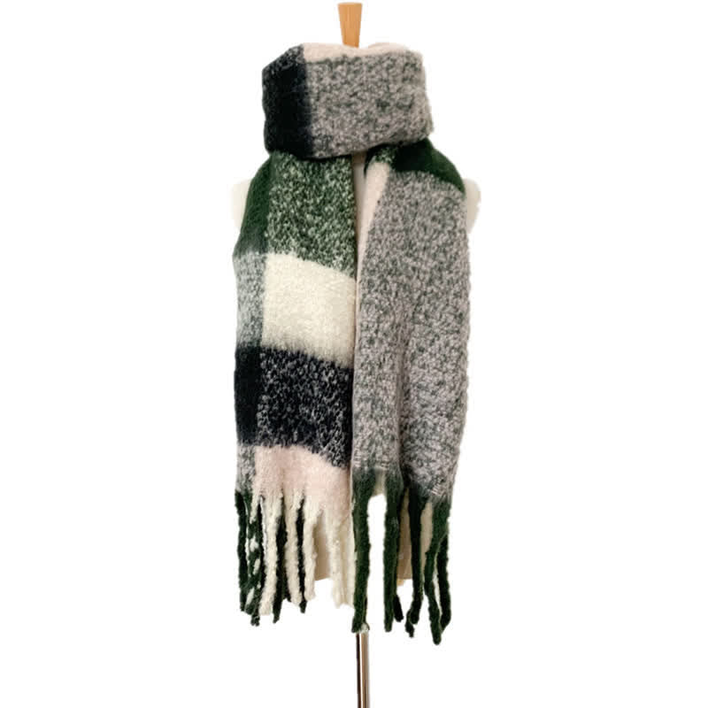 Unisex Oversized Color Block Tassels Roving Scarf - Dark Green & Gray - image 27
