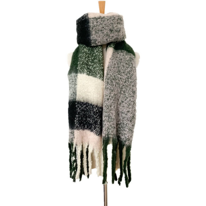 Unisex Oversized Color Block Tassels Roving Scarf - Dark Green & Gray - image 27