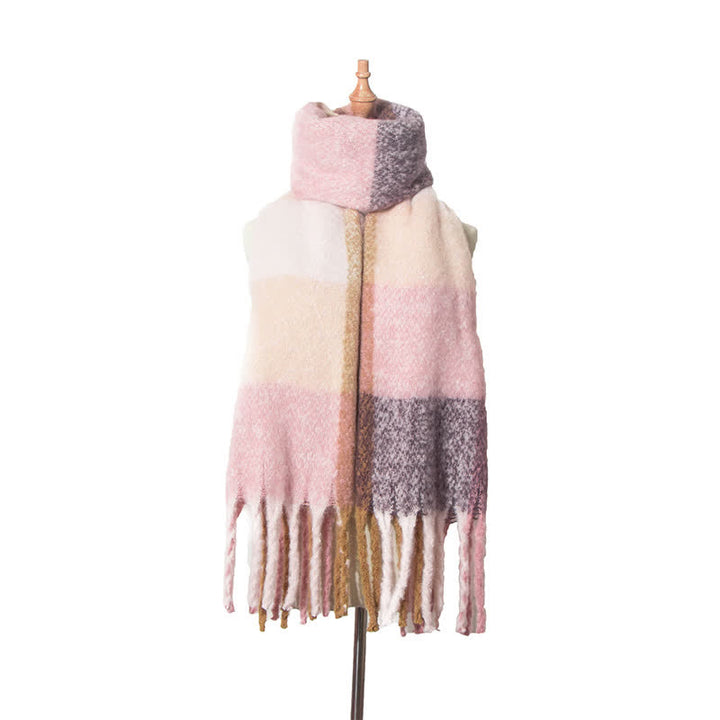 Unisex Oversized Color Block Tassels Roving Scarf - Pink - image 22