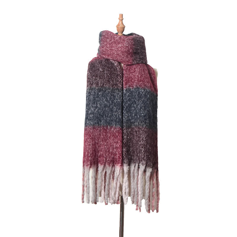 Unisex Oversized Color Block Tassels Roving Scarf - Maroon - image 12