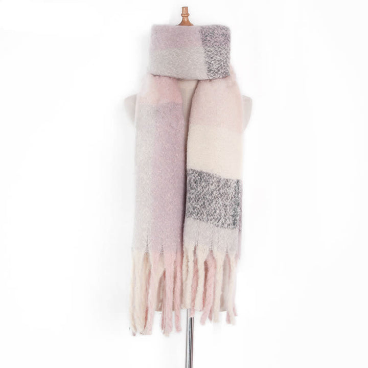 Unisex Oversized Color Block Tassels Roving Scarf - Light Pink - image 19