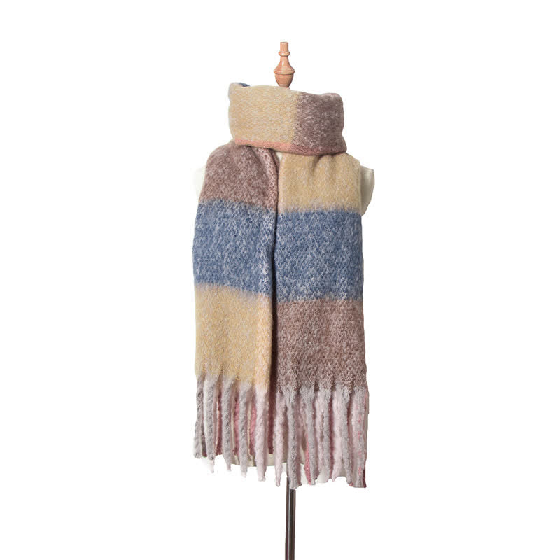 Unisex Oversized Color Block Tassels Roving Scarf - Yellow & DarkKhaki - image 8