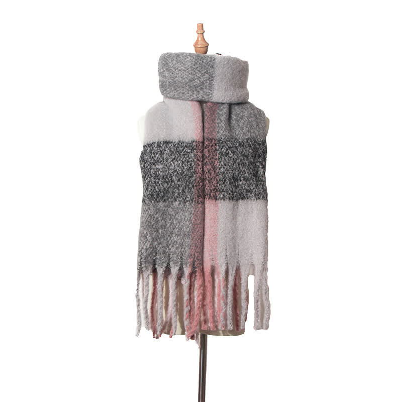 Unisex Oversized Color Block Tassels Roving Scarf - Gray & Pink - image 9