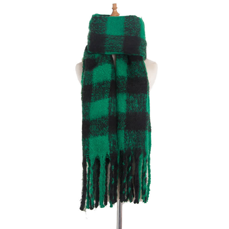 Unisex Oversized Color Block Tassels Roving Scarf - Green & Black - image 43