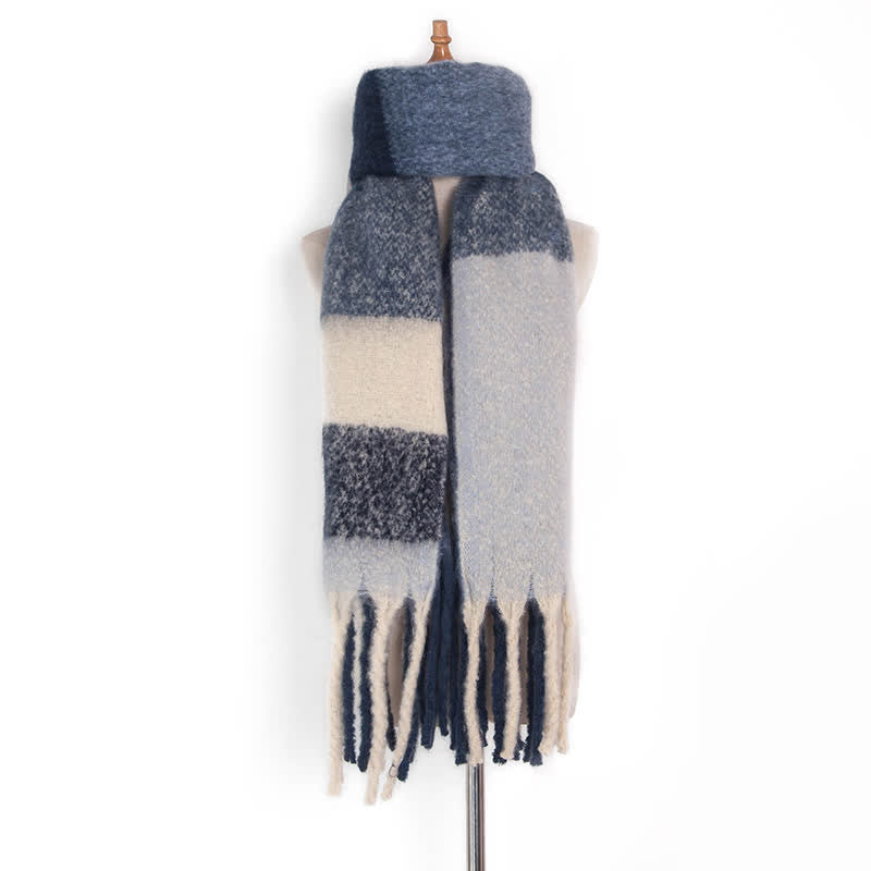 Unisex Oversized Color Block Tassels Roving Scarf - Navy - image 20