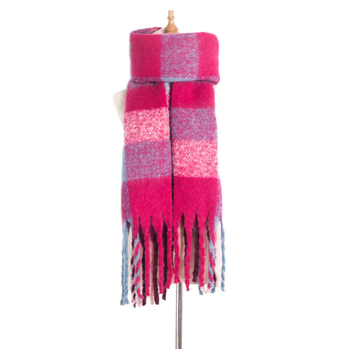 Unisex Oversized Color Block Tassels Roving Scarf - Hot Pink - image 29