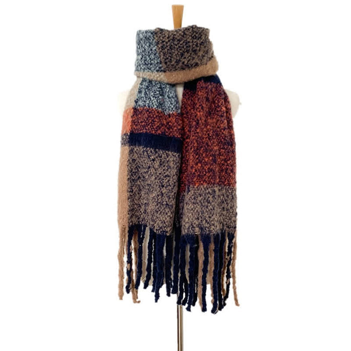 Unisex Oversized Color Block Tassels Roving Scarf - Navy & Brown - image 25
