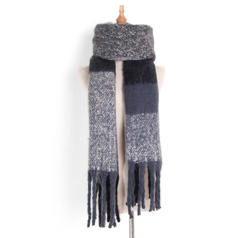 Unisex Oversized Color Block Tassels Roving Scarf - Black & Gray - image 24