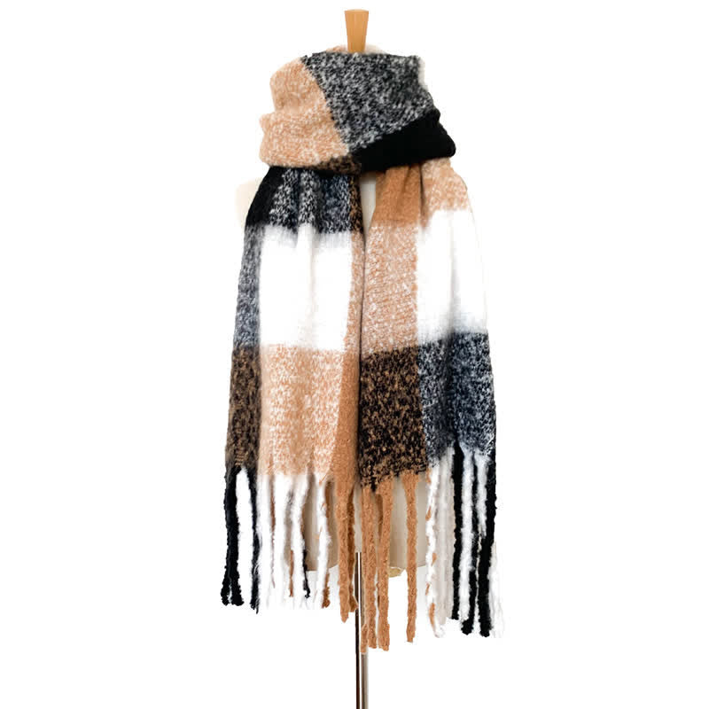 Unisex Oversized Color Block Tassels Roving Scarf - Black & Camel - image 18