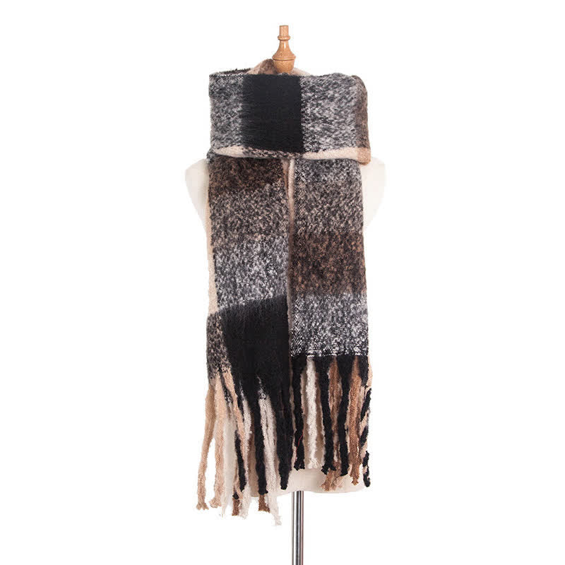 Unisex Oversized Color Block Tassels Roving Scarf - Brown & Black - image 32