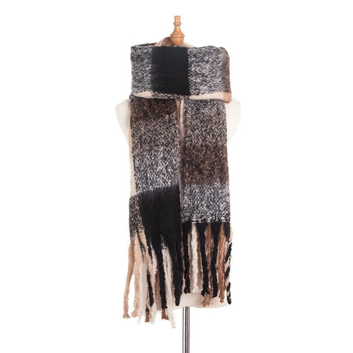 Unisex Oversized Color Block Tassels Roving Scarf - Brown & Black - image 32