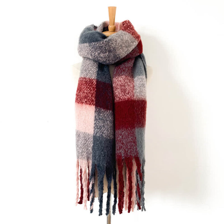Unisex Oversized Color Block Tassels Roving Scarf - Burgundy & Dark Gray - image 35