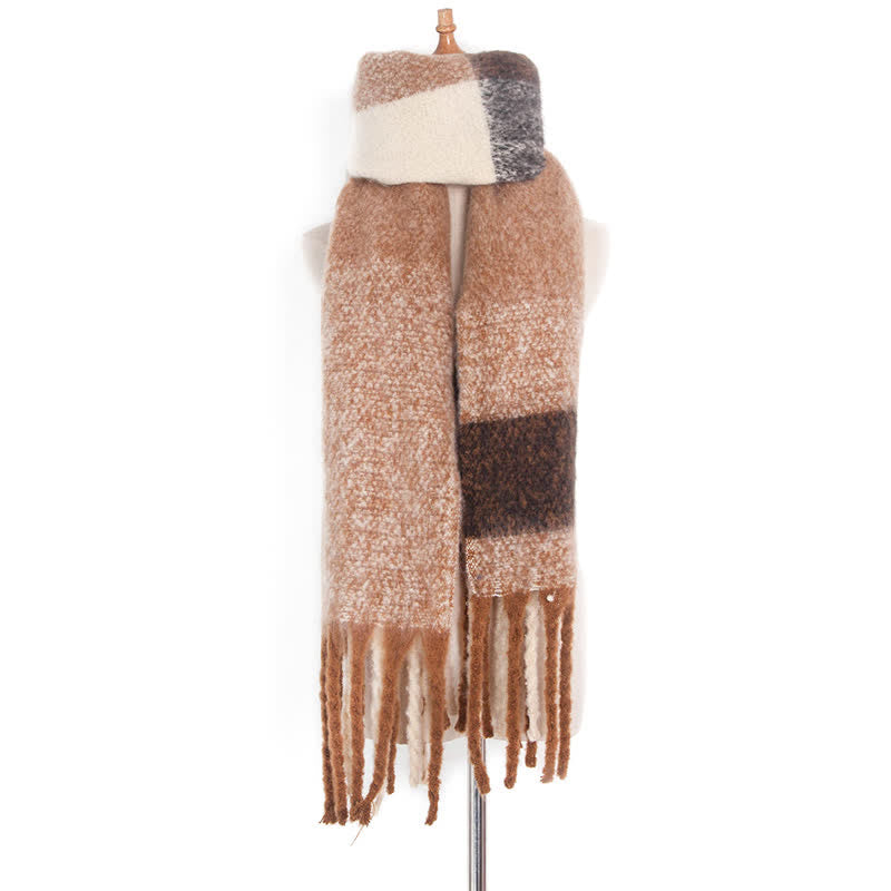 Unisex Oversized Color Block Tassels Roving Scarf - Khaki - image 21
