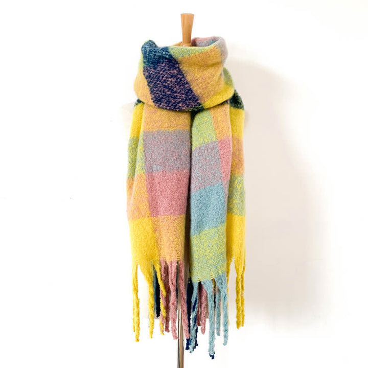Unisex Oversized Color Block Tassels Roving Scarf - Yellow - image 37