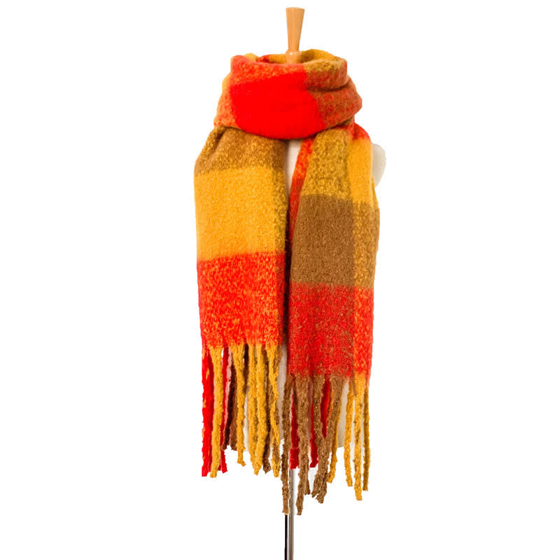 Unisex Oversized Color Block Tassels Roving Scarf - Orange & Yellow - image 15