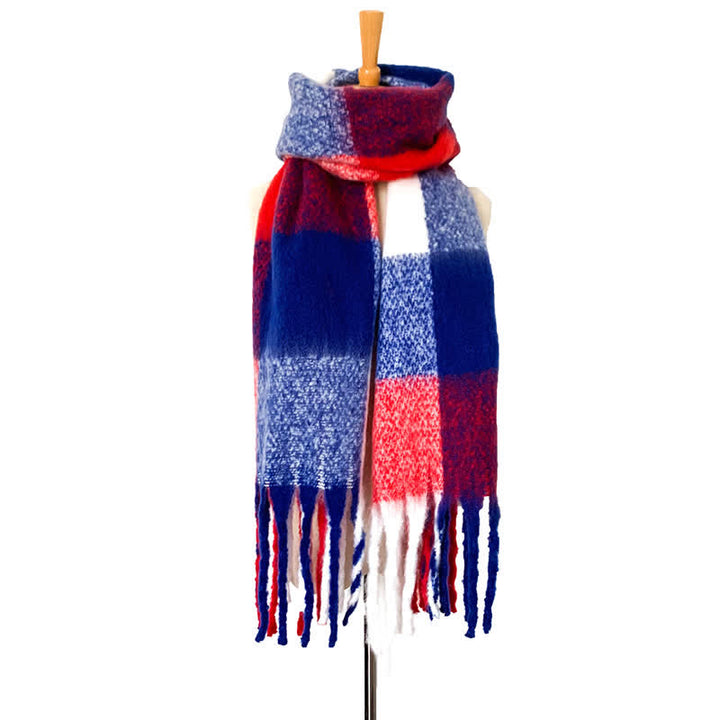 Unisex Oversized Color Block Tassels Roving Scarf - RoyalBlue & Red - image 14