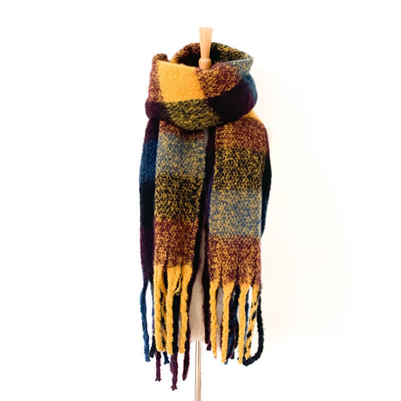 Unisex Oversized Color Block Tassels Roving Scarf - Brown & Yellow - image 38