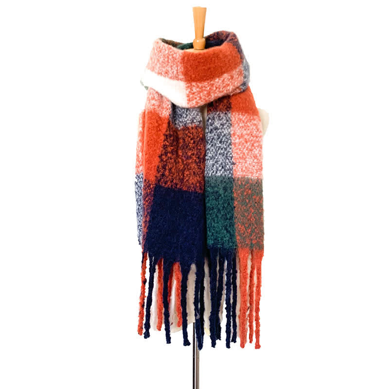 Unisex Oversized Color Block Tassels Roving Scarf - Orange & Dark Green - image 17