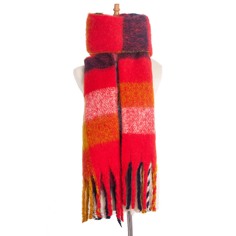 Unisex Oversized Color Block Tassels Roving Scarf - Red - image 33