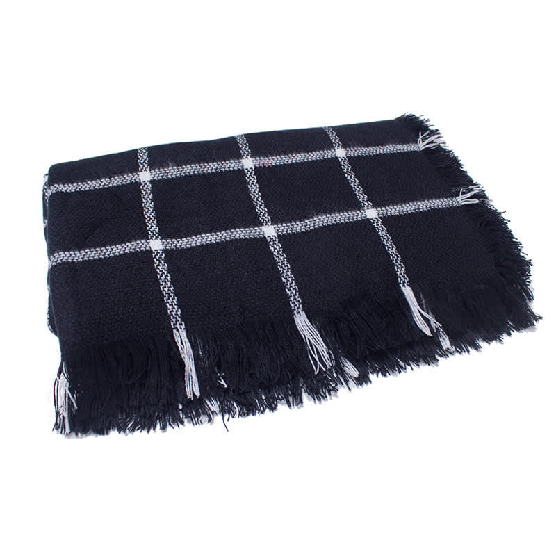 Unisex Transitional Checked Plaid Check Fringe Scarf - Black - image 2