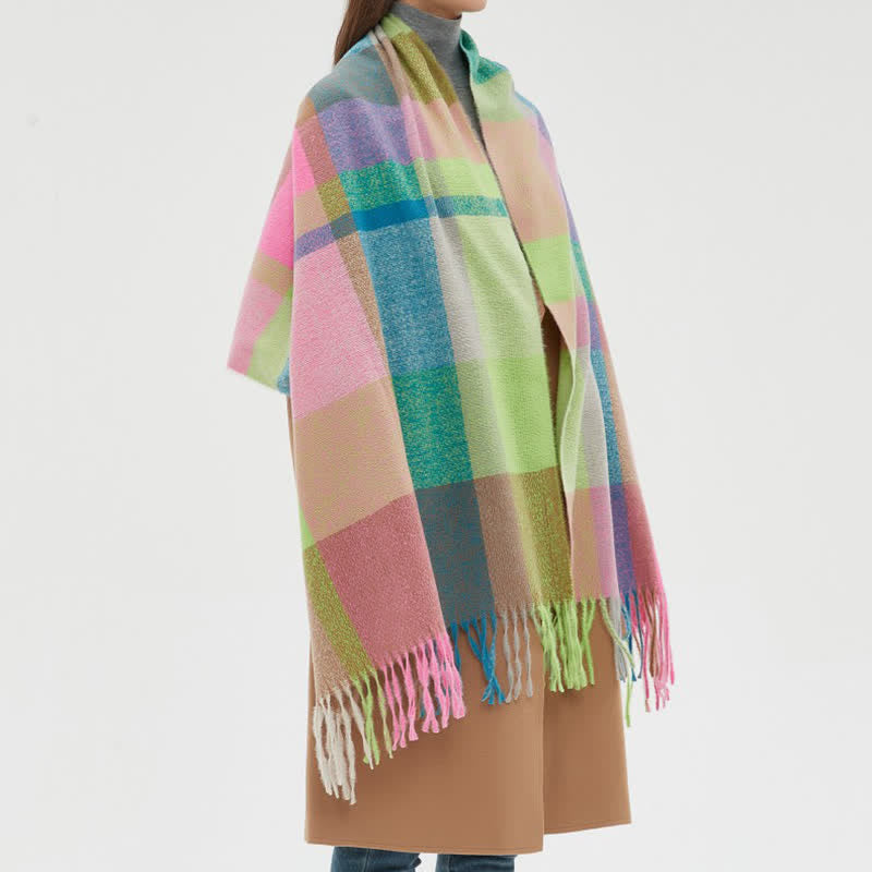 Unisex Rainbow Plaid Thickened Winter Fringe Scarf - image 3