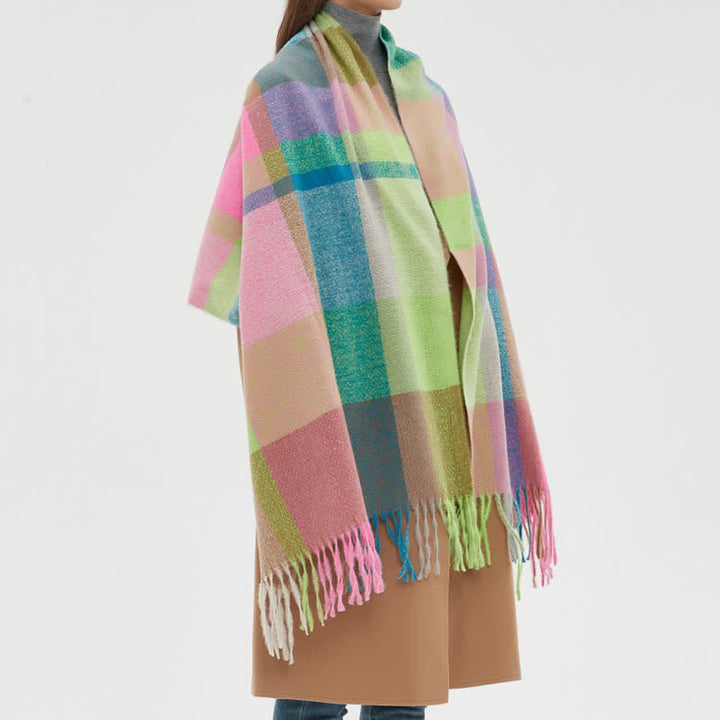 Unisex Rainbow Plaid Thickened Winter Fringe Scarf - image 3