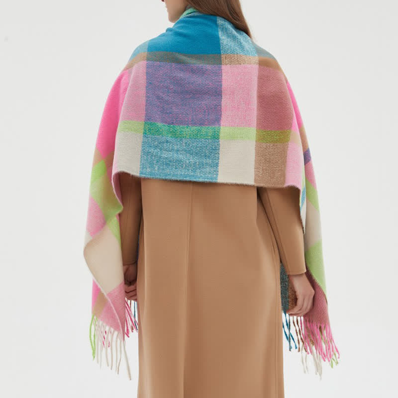 Unisex Rainbow Plaid Thickened Winter Fringe Scarf - image 4