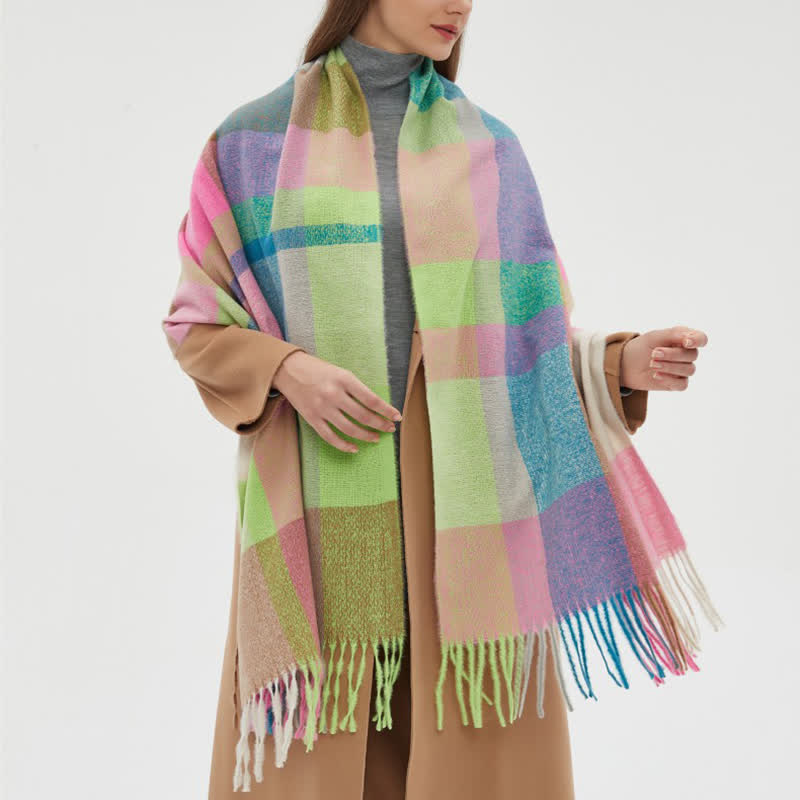 Unisex Rainbow Plaid Thickened Winter Fringe Scarf - image 2