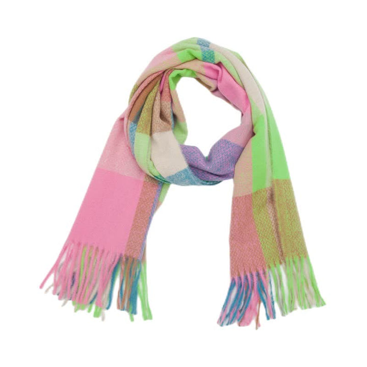 Unisex Rainbow Plaid Thickened Winter Fringe Scarf - Pink - image 1