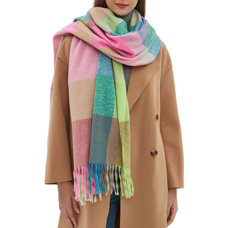 Unisex Rainbow Plaid Thickened Winter Fringe Scarf - image 0