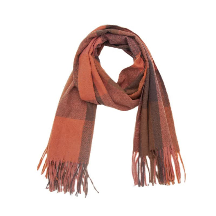 Unisex Rainbow Plaid Thickened Winter Fringe Scarf - Coral - image 15