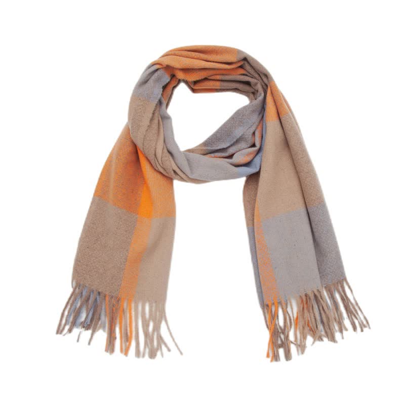 Unisex Rainbow Plaid Thickened Winter Fringe Scarf - Orange - image 11