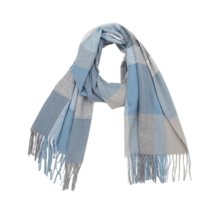 Unisex Rainbow Plaid Thickened Winter Fringe Scarf - Blue - image 13