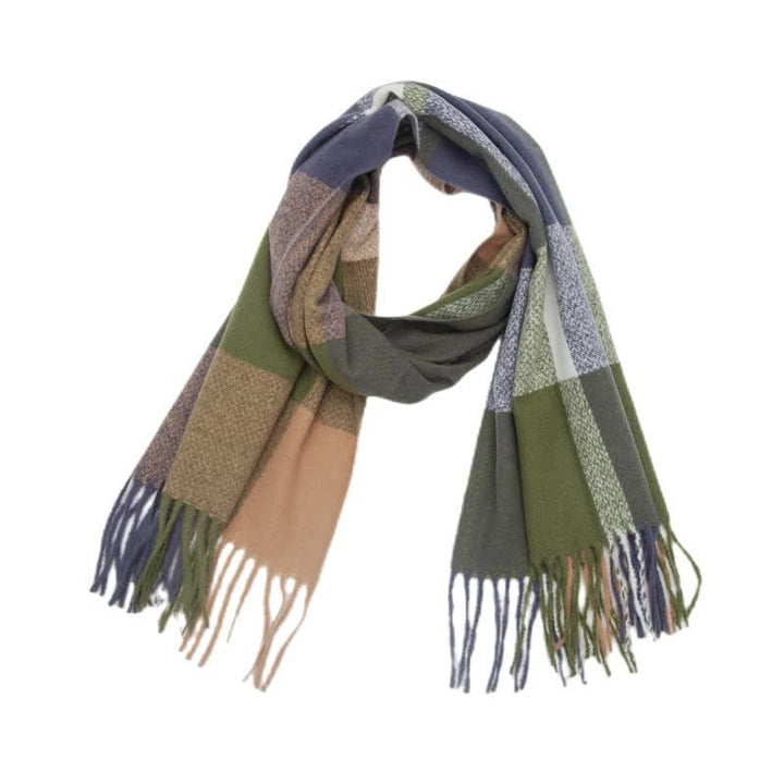 Unisex Rainbow Plaid Thickened Winter Fringe Scarf - Dark Green - image 14