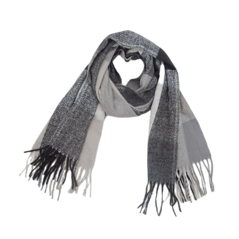 Unisex Rainbow Plaid Thickened Winter Fringe Scarf - Gray - image 10
