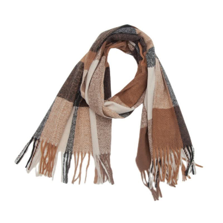Unisex Rainbow Plaid Thickened Winter Fringe Scarf - Coffee - image 12