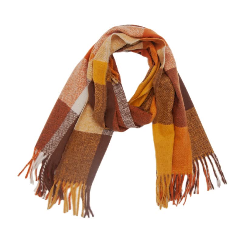Unisex Rainbow Plaid Thickened Winter Fringe Scarf - Yellow Brown - image 9
