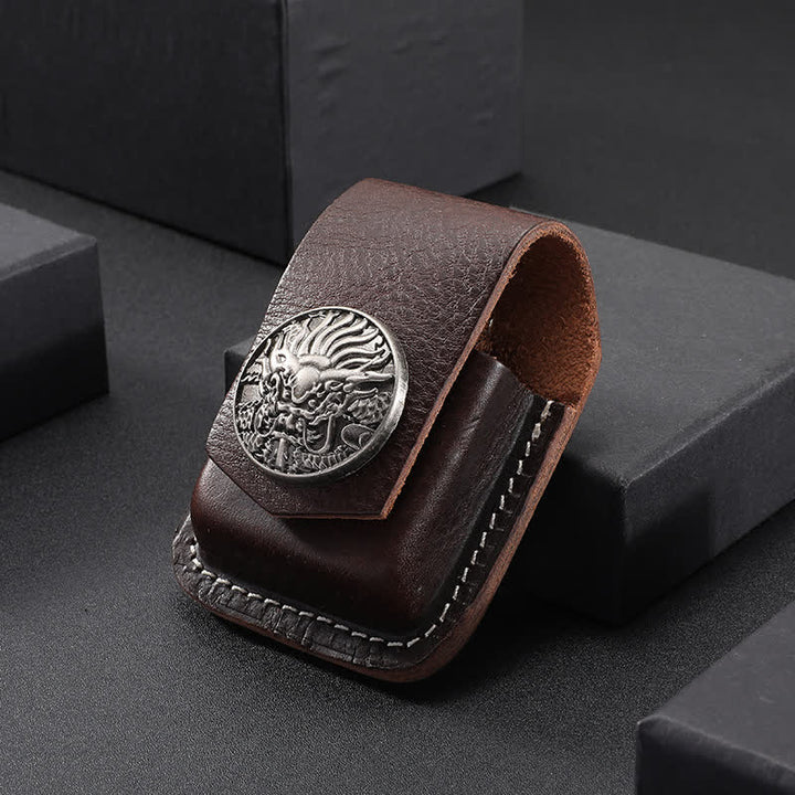 Powerful Dragon Head Lighter Holder Leather Belt Bag - Dark Brown - image 2