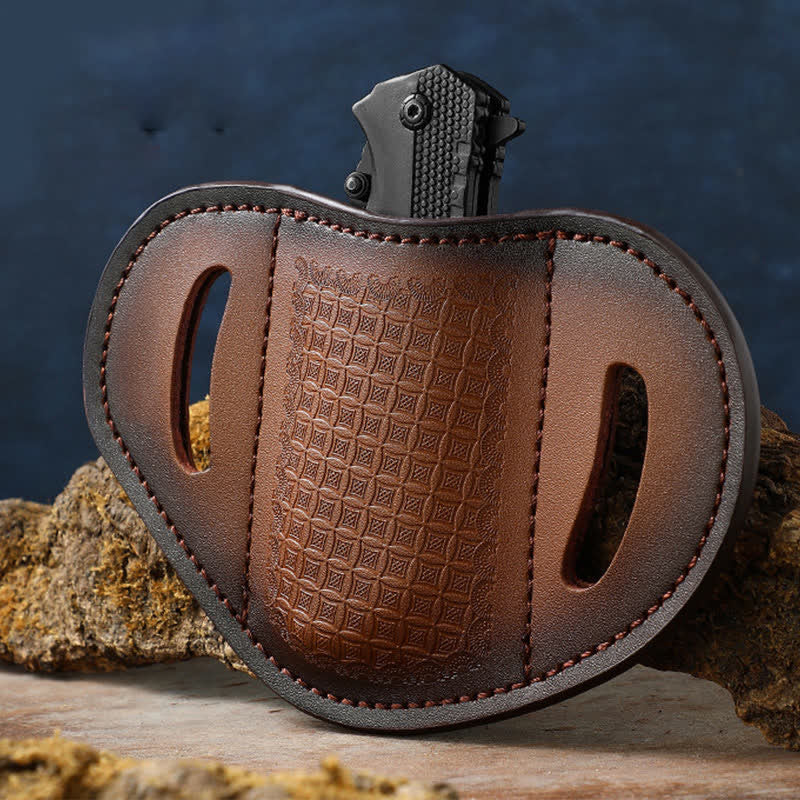 Embossed Weave Pattern Folding Knife Sheath Leather Belt Bag - Brown - image 0