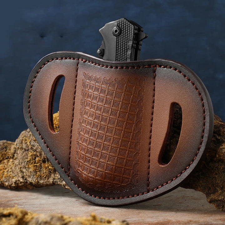 Embossed Weave Pattern Folding Knife Sheath Leather Belt Bag - Brown - image 0