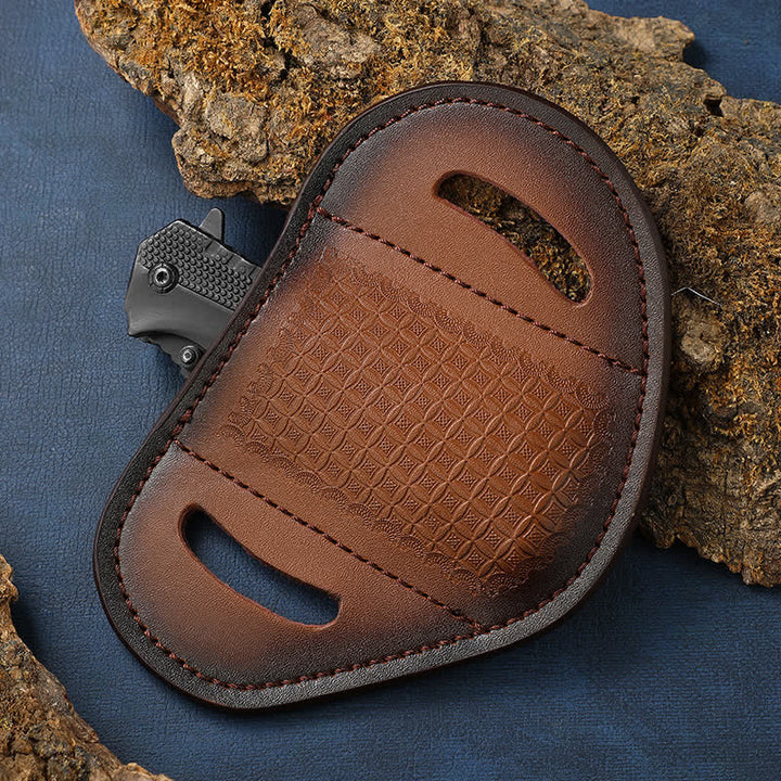Embossed Weave Pattern Folding Knife Sheath Leather Belt Bag - image 6