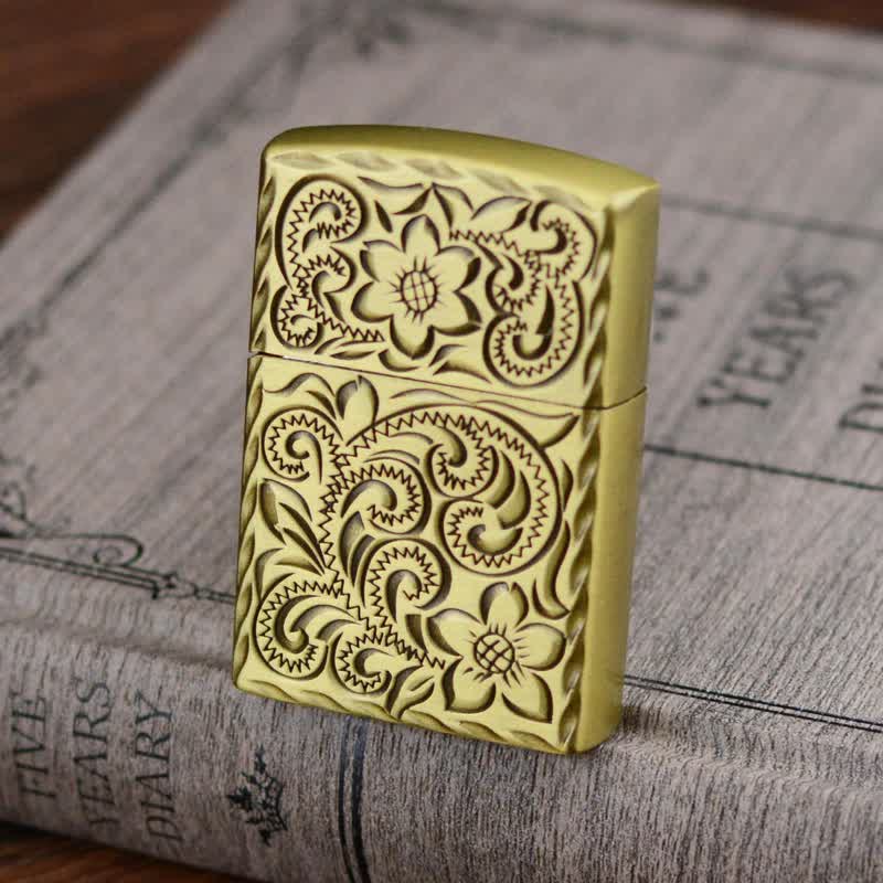 Elegant Flower Relief Design Refillable Butane Lighter - Gold - image 0