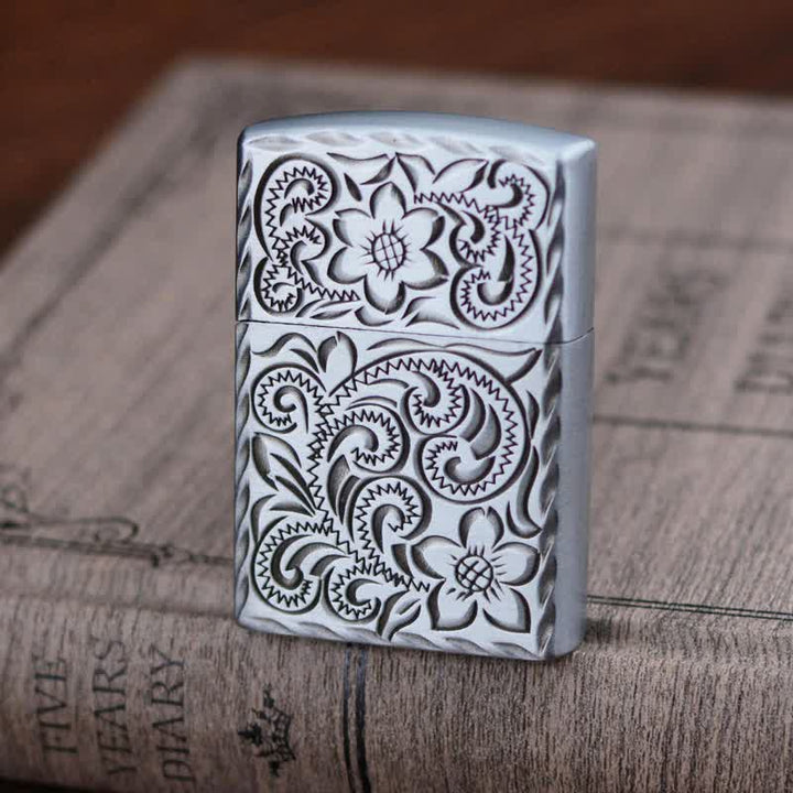 Elegant Flower Relief Design Refillable Butane Lighter - Silver - image 10