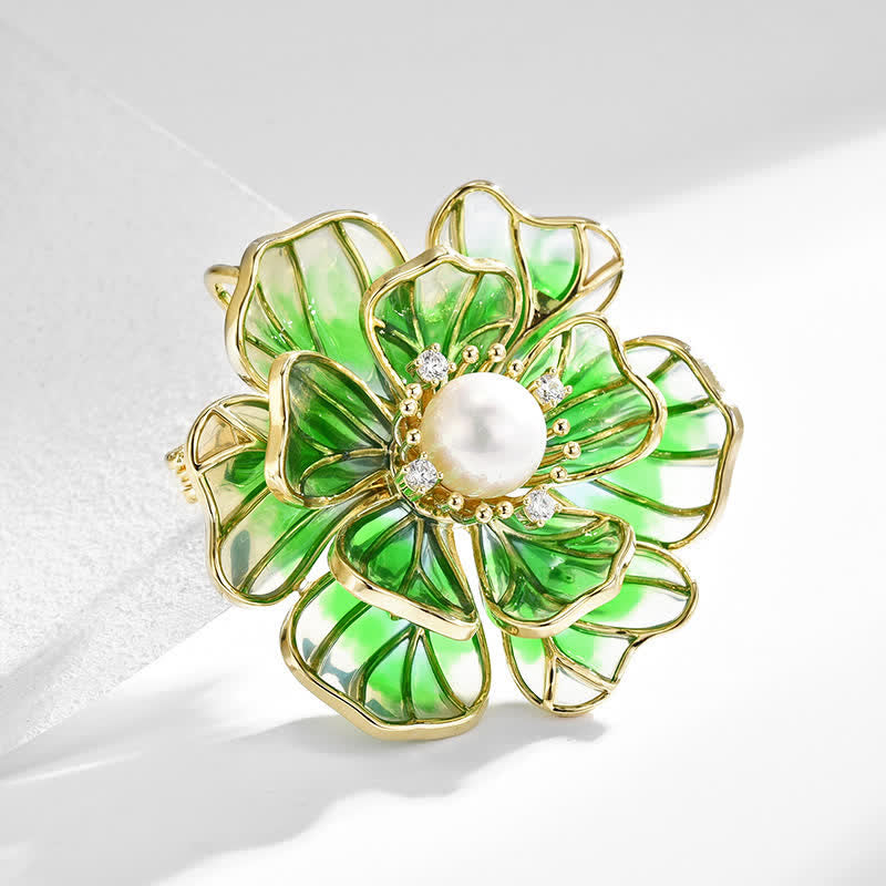 Women's Green Peony Gold Plated Enamel Brooch - image 4