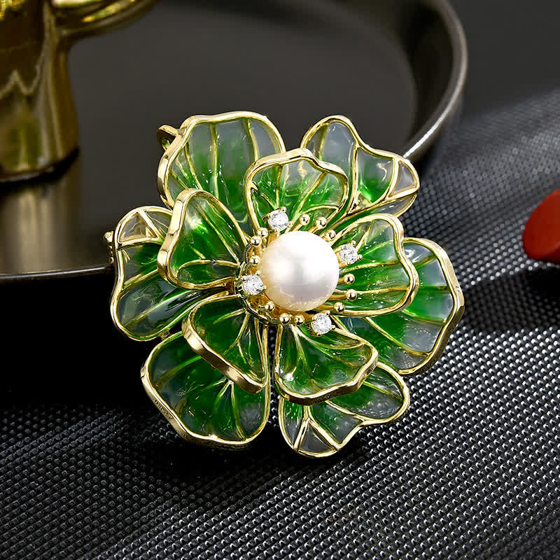 Women's Green Peony Gold Plated Enamel Brooch - Green - image 0