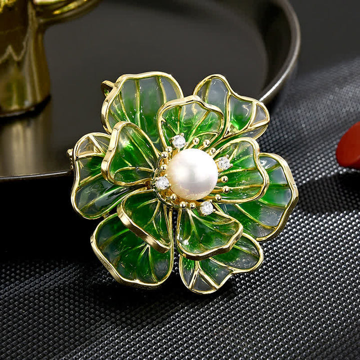 Women's Green Peony Gold Plated Enamel Brooch - Green - image 0
