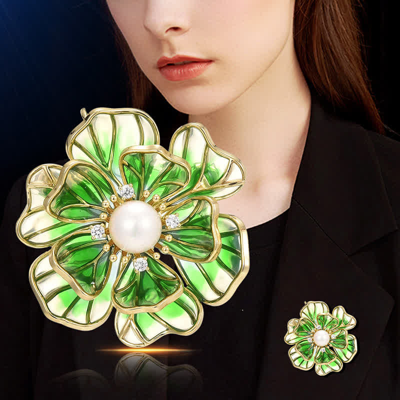 Women's Green Peony Gold Plated Enamel Brooch - image 1