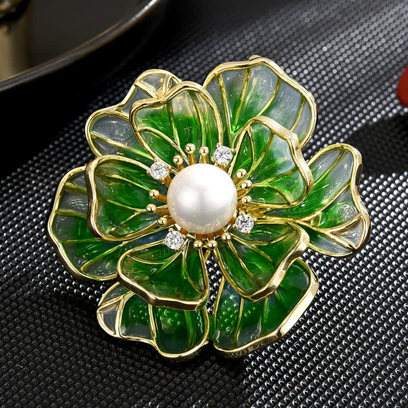Women's Green Peony Gold Plated Enamel Brooch - image 2