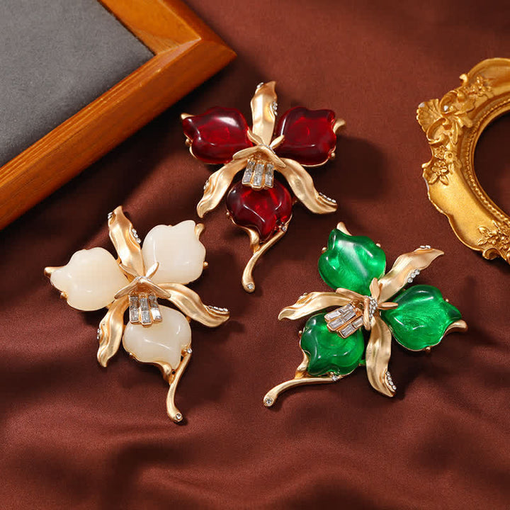 Women's Metallic Brass Orchid Resin Petal Flower Brooch - image 1